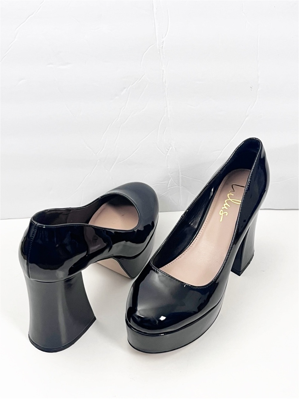 LULUS Joanah Black Patent Leather Round Toe Chunky Platform Block Heels Size 9